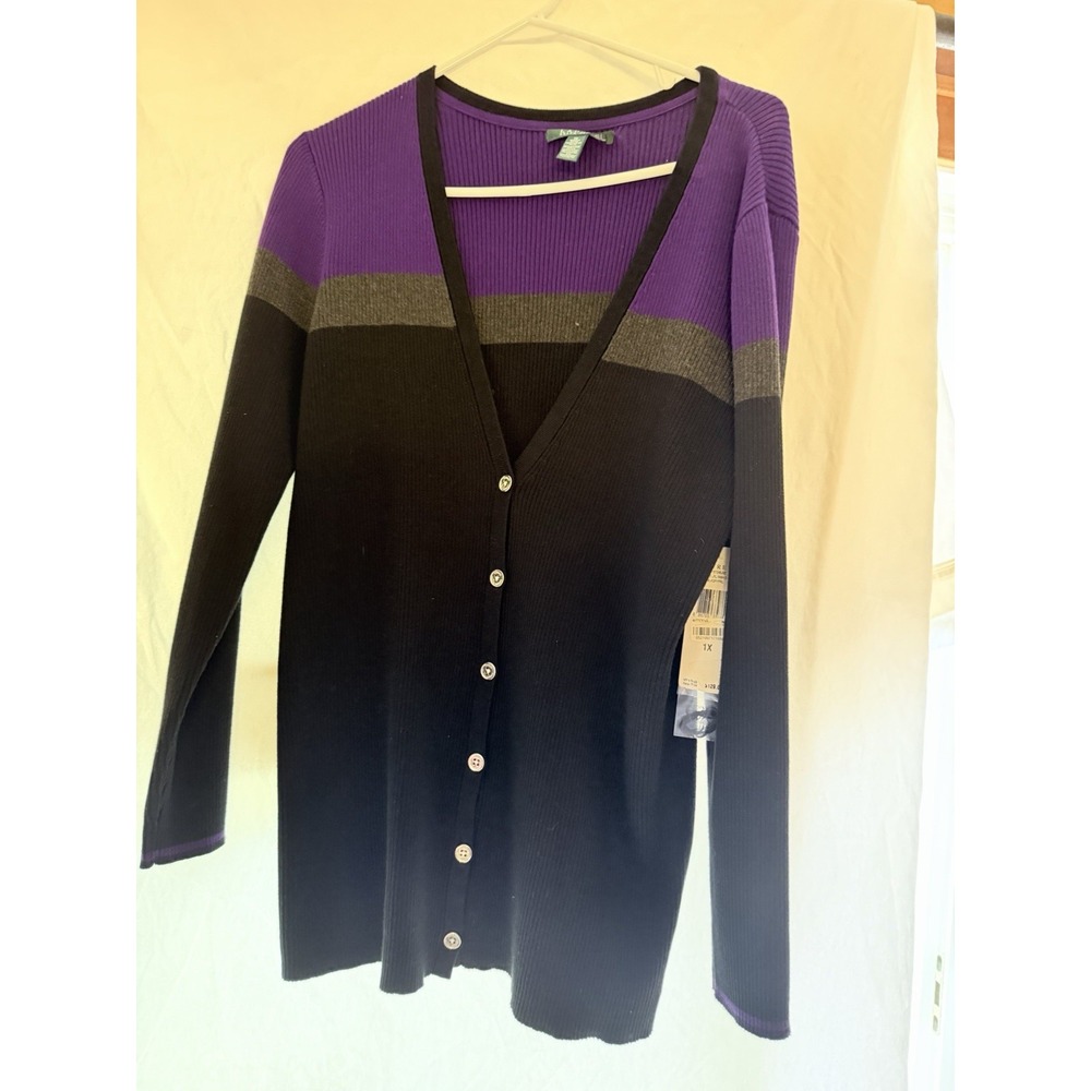 Lauren Ralph Lauren Color Black Ribbed Cardigan Sweater Black Gray Purple 1X NWT